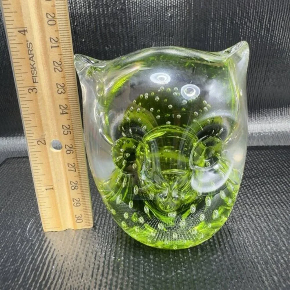 Hand Blown Venetian Art Glass‎ Owl Bird Paperweight Figurine Green Bubbles Italy